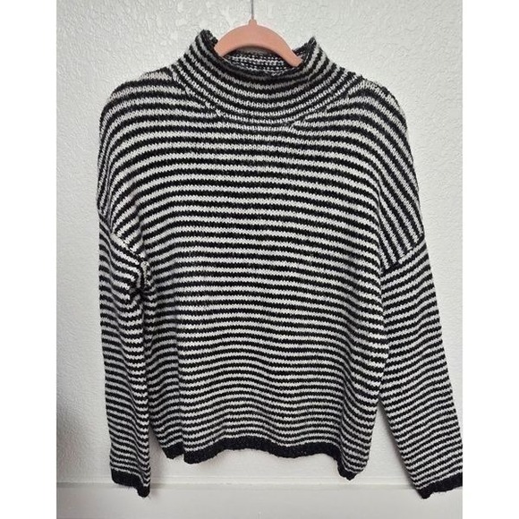 Anthropologie Striped Mock Neck Knit Sweater Cozy Pullover Black White - Picture 1 of 6
